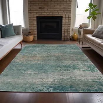 3' X 5' Aqua And Beige Abstract Washable Indoor Outdoor Area Rug