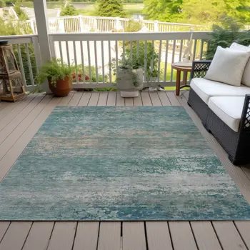 3' X 5' Aqua And Beige Abstract Washable Indoor Outdoor Area Rug