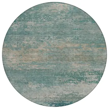 8' Aqua And Beige Round Abstract Washable Indoor Outdoor Area Rug