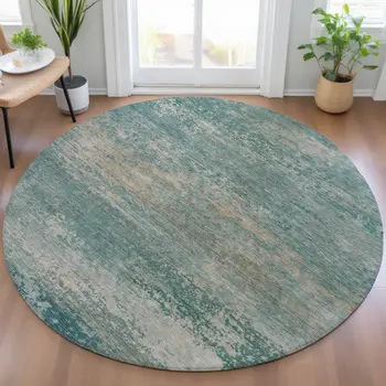 8' Aqua And Beige Round Abstract Washable Indoor Outdoor Area Rug