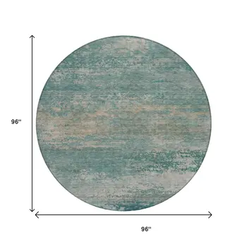 8' Aqua And Beige Round Abstract Washable Indoor Outdoor Area Rug