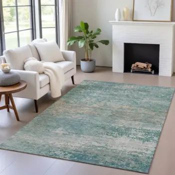 9' X 12' Aqua And Beige Abstract Washable Indoor Outdoor Area Rug