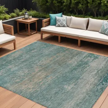 10' X 14' Aqua And Beige Abstract Washable Indoor Outdoor Area Rug