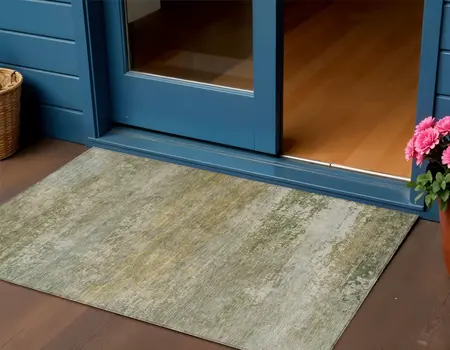 3' X 5' Beige And Fern Green Abstract Washable Indoor Outdoor Area Rug