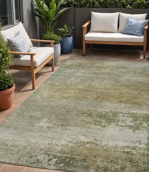 5' X 8' Beige And Fern Green Abstract Washable Indoor Outdoor Area Rug