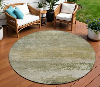 8' Beige And Fern Green Round Abstract Washable Indoor Outdoor Area Rug