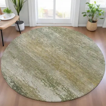 8' Beige And Fern Green Round Abstract Washable Indoor Outdoor Area Rug