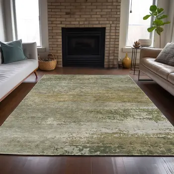 10' X 14' Beige And Fern Green Abstract Washable Indoor Outdoor Area Rug