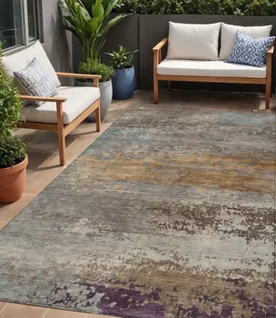 5' X 8' Brown Gray And Purple Abstract Washable Indoor Outdoor Area Rug