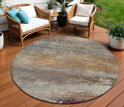 8' Brown Gray And Purple Round Abstract Washable Indoor Outdoor Area Rug