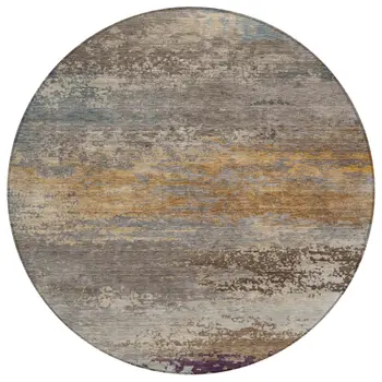 8' Brown Gray And Purple Round Abstract Washable Indoor Outdoor Area Rug