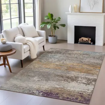 8' X 10' Brown Gray And Purple Abstract Washable Indoor Outdoor Area Rug