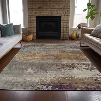 9' X 12' Brown Gray And Purple Abstract Washable Indoor Outdoor Area Rug