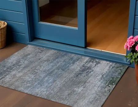 3' X 5' Pewter Navy Blue And Charcoal Abstract Washable Indoor Outdoor Area Rug