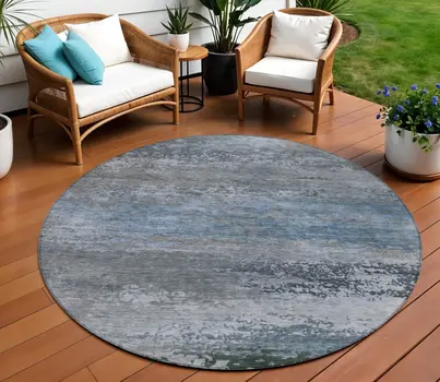 8' Pewter Navy Blue And Charcoal Round Abstract Washable Indoor Outdoor Area Rug