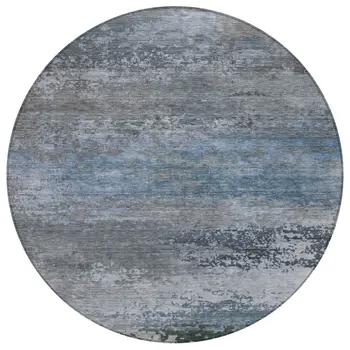 8' Pewter Navy Blue And Charcoal Round Abstract Washable Indoor Outdoor Area Rug