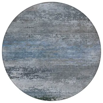8' Pewter Navy Blue And Charcoal Round Abstract Washable Indoor Outdoor Area Rug
