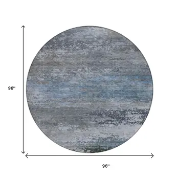 8' Pewter Navy Blue And Charcoal Round Abstract Washable Indoor Outdoor Area Rug