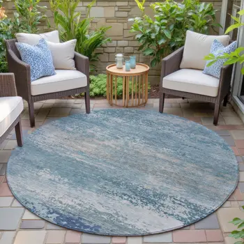 8' Sky Blue And Gray Round Abstract Washable Indoor Outdoor Area Rug