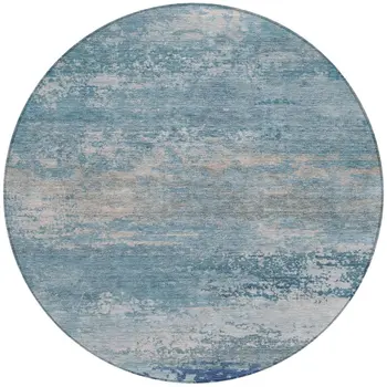 8' Sky Blue And Gray Round Abstract Washable Indoor Outdoor Area Rug