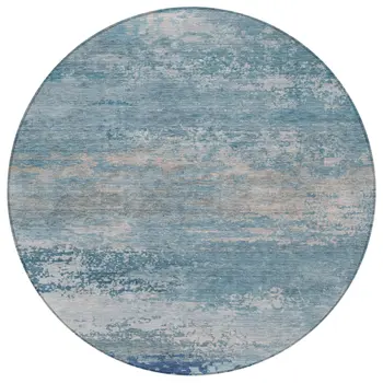 8' Sky Blue And Gray Round Abstract Washable Indoor Outdoor Area Rug