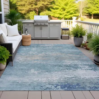 8' X 10' Sky Blue And Gray Abstract Washable Indoor Outdoor Area Rug