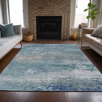 10' X 14' Sky Blue And Gray Abstract Washable Indoor Outdoor Area Rug
