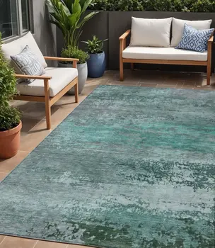 5' X 8' Teal Blue Gray And Pale Aqua Abstract Washable Indoor Outdoor Area Rug