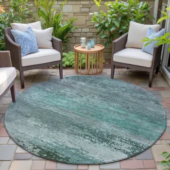 8' Teal Blue Gray And Pale Aqua Round Abstract Washable Indoor Outdoor Area Rug