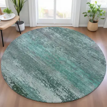 8' Teal Blue Gray And Pale Aqua Round Abstract Washable Indoor Outdoor Area Rug