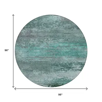 8' Teal Blue Gray And Pale Aqua Round Abstract Washable Indoor Outdoor Area Rug