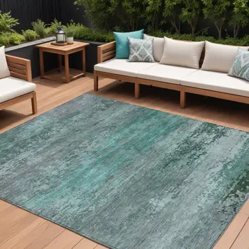 10' X 14' Teal Blue Gray And Pale Aqua Abstract Washable Indoor Outdoor Area Rug