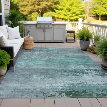 10' X 14' Teal Blue Gray And Pale Aqua Abstract Washable Indoor Outdoor Area Rug