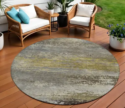 8' Taupe Brown And Gold Round Abstract Washable Indoor Outdoor Area Rug