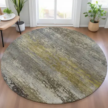 8' Taupe Brown And Gold Round Abstract Washable Indoor Outdoor Area Rug