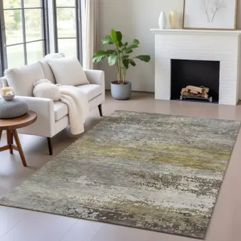 8' X 10' Taupe Brown And Gold Abstract Washable Indoor Outdoor Area Rug