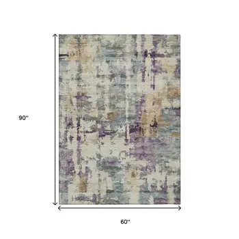 5' X 8' Linen Purple And Gold Abstract Washable Indoor Outdoor Area Rug