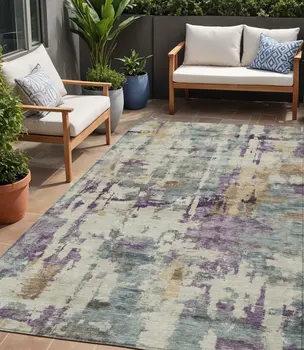 5' X 8' Linen Purple And Gold Abstract Washable Indoor Outdoor Area Rug