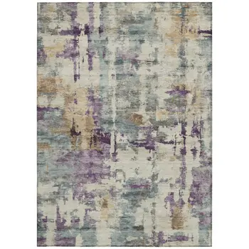 5' X 8' Linen Purple And Gold Abstract Washable Indoor Outdoor Area Rug