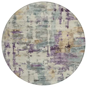 8' Linen Purple And Gold Round Abstract Washable Indoor Outdoor Area Rug