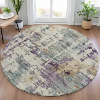 8' Linen Purple And Gold Round Abstract Washable Indoor Outdoor Area Rug
