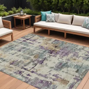 9' X 12' Linen Purple And Gold Abstract Washable Indoor Outdoor Area Rug