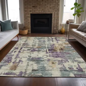 9' X 12' Linen Purple And Gold Abstract Washable Indoor Outdoor Area Rug