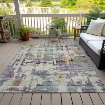 9' X 12' Linen Purple And Gold Abstract Washable Indoor Outdoor Area Rug