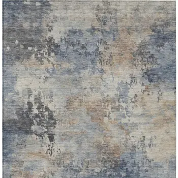 3' X 5' Denim Blue Beige And Charcoal Abstract Washable Indoor Outdoor Area Rug