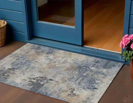 3' X 5' Denim Blue Beige And Charcoal Abstract Washable Indoor Outdoor Area Rug