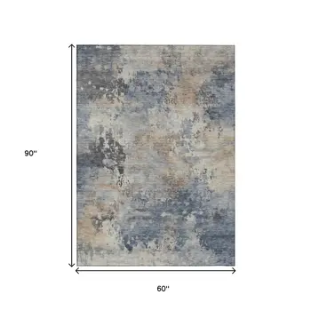 5' X 8' Denim Blue Beige And Charcoal Abstract Washable Indoor Outdoor Area Rug