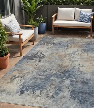 5' X 8' Denim Blue Beige And Charcoal Abstract Washable Indoor Outdoor Area Rug