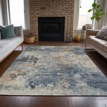 5' X 8' Denim Blue Beige And Charcoal Abstract Washable Indoor Outdoor Area Rug