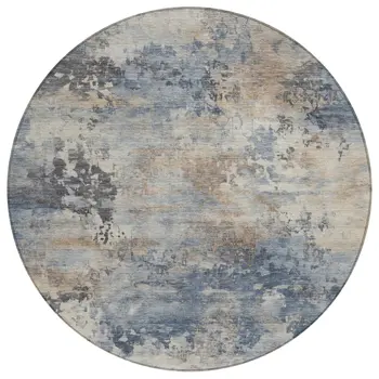 8' Denim Blue Beige And Charcoal Round Abstract Washable Indoor Outdoor Area Rug